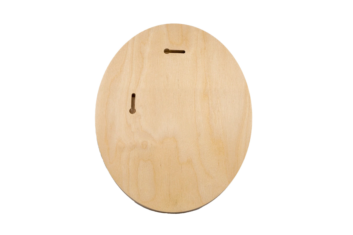 Oval floater panel back, bare wood with horizontal and vertical keyhole slots.