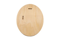 Oval floater panel back, bare wood with horizontal and vertical keyhole slots.