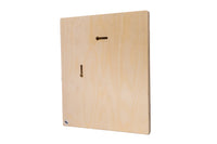 Square wooden floater panel, back view with horizontal and vertical keyhole mounting slots.