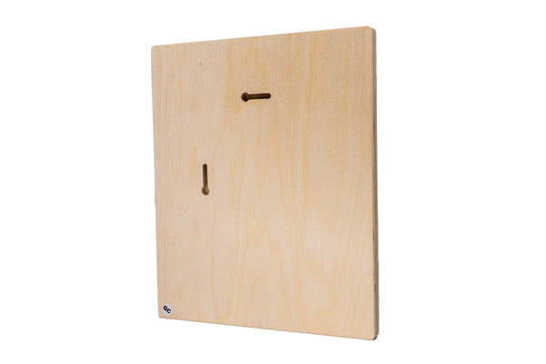 Square wooden floater panel, back view with horizontal and vertical keyhole mounting slots.