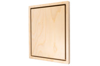 Square wooden floater panel at an angle, showing the inset center and frame thickness.