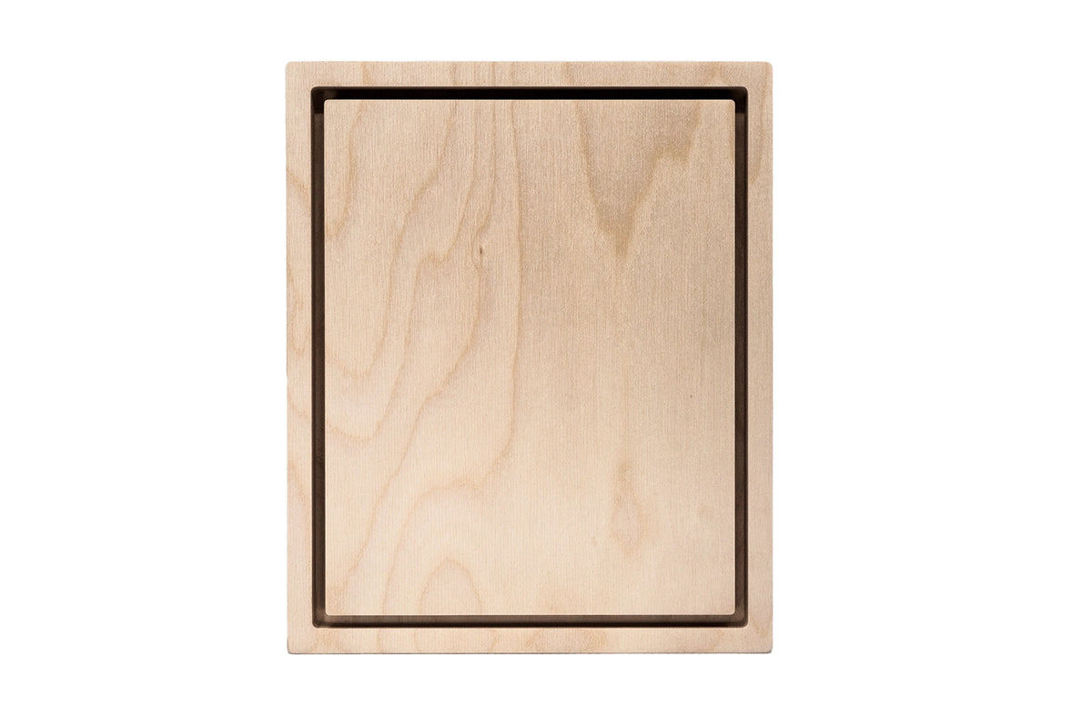 Square wooden floater panel, front view of the recessed border around the unpainted center.