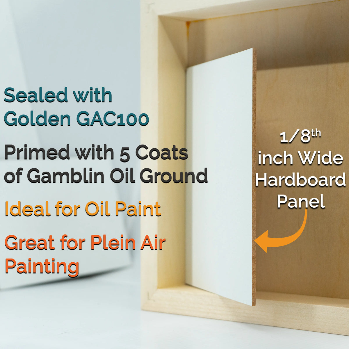Panel diagram: Golden GAC 100 sealant, five Gamblin oil-ground coats and 1/8-inch hardboard for oil painting.