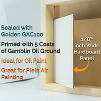 Panel diagram: Golden GAC 100 sealant, five Gamblin oil-ground coats and 1/8-inch hardboard for oil painting.