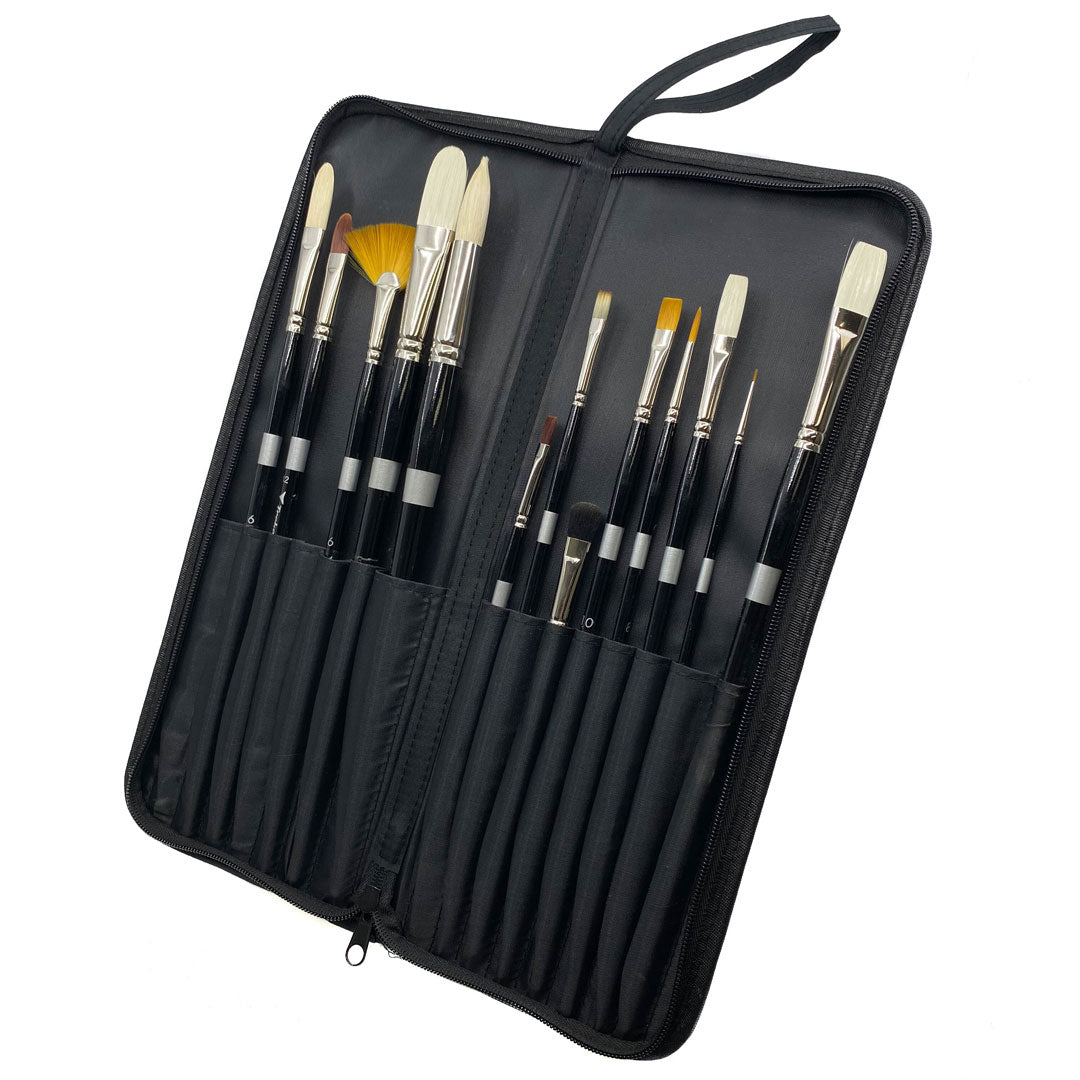 Open black zippered brush case holding assorted black-handled brushes.