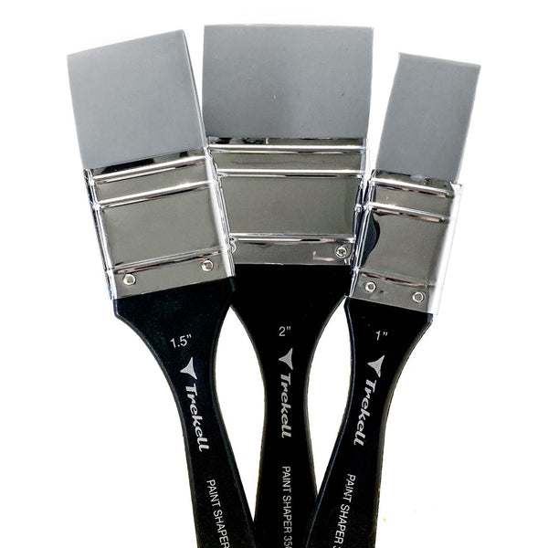 Three varnish brushes with broad silver ferrules, flat gray bristles and black Trekell handles.