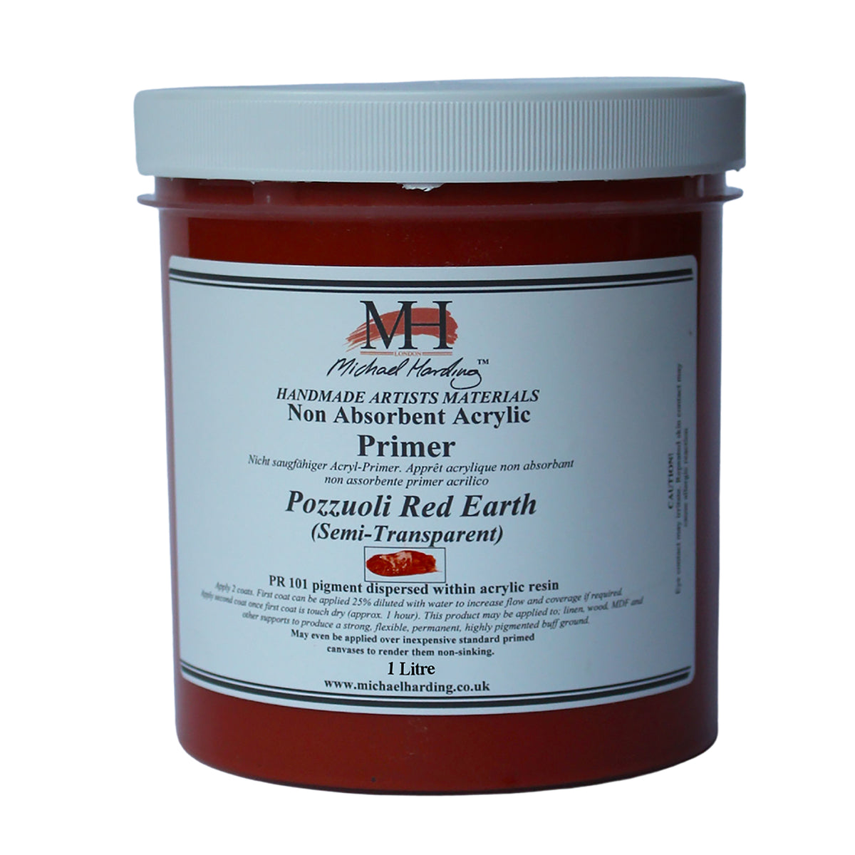 Michael Harding Non-Absorbent Acrylic Primer, red jar labeled Pozzuoli Red Earth.