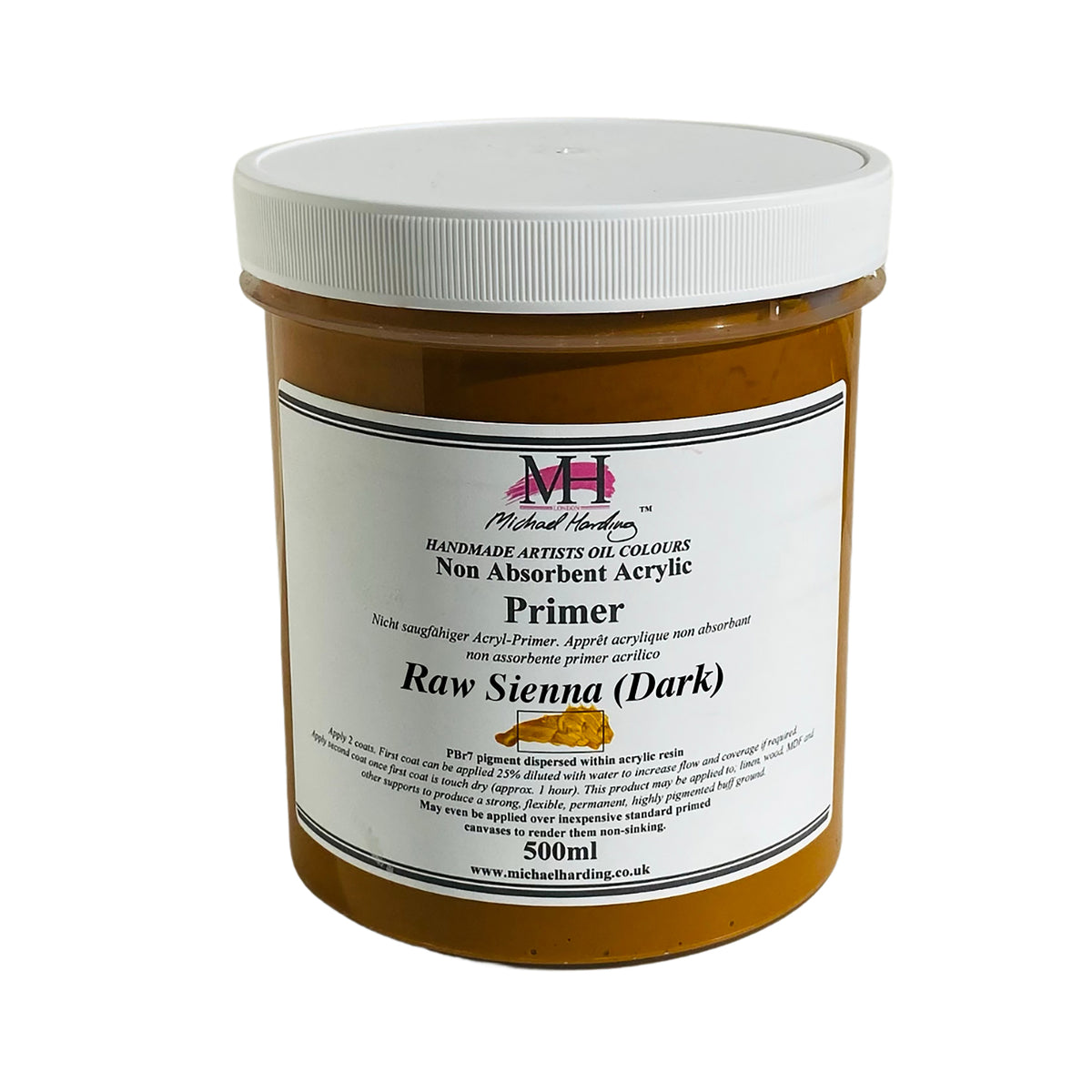 Michael Harding Non-Absorbent Acrylic Primer, ochre-brown jar labeled Raw Sienna (Dark).