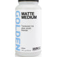 Golden Matte Medium, white bottle with a black cap and vertical blue Golden lettering.