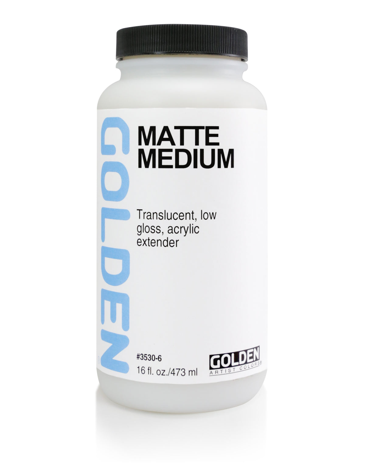 Golden Matte Medium, white bottle with a black cap and vertical blue Golden lettering.