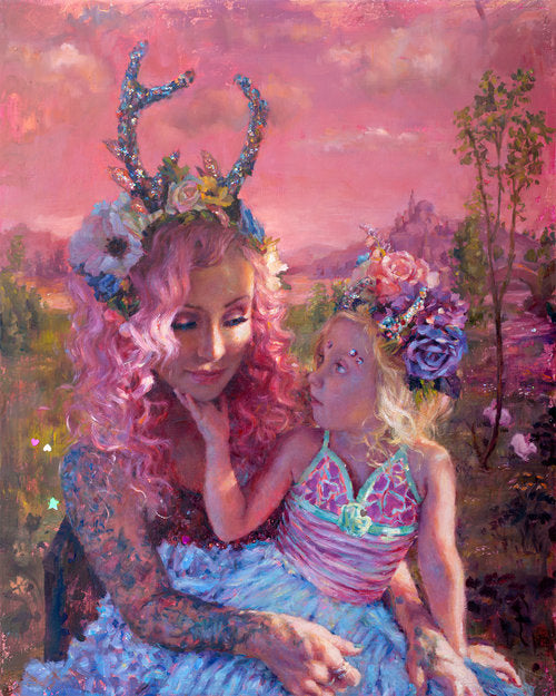 Colorful portrait of a woman with an antler-like headdress against pink and purple flowers.