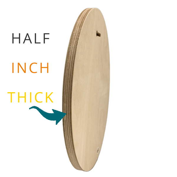 Round wood panel side view labeled half inch thick.