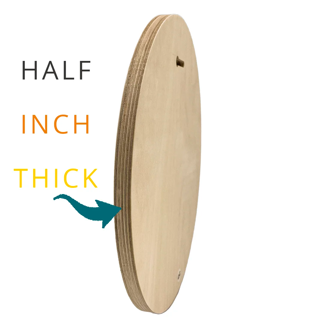 Oval wood panel side view labeled half inch thick.