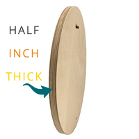 Oval wood panel side view labeled half inch thick.