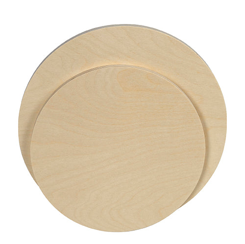 Three round unpainted wooden panels overlapped to show different sizes.