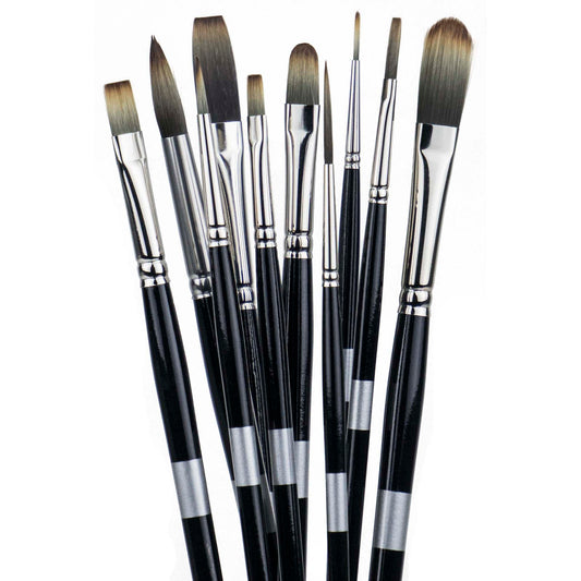 Eight black-handled brushes fanned upright with pale and brown flat and rounded bristles.
