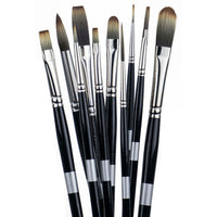 Eight black-handled brushes fanned upright with pale and brown flat and rounded bristles.