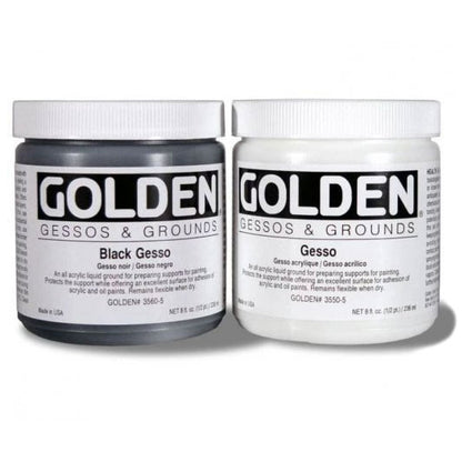 Golden Black Gesso and white Gesso jars side by side with white screw lids.