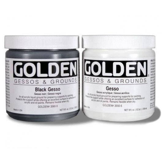 Golden Black Gesso and white Gesso jars side by side with white screw lids.