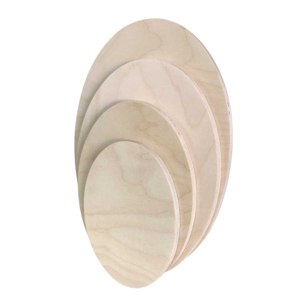 Three unpainted oval wooden panels in overlapping sizes.