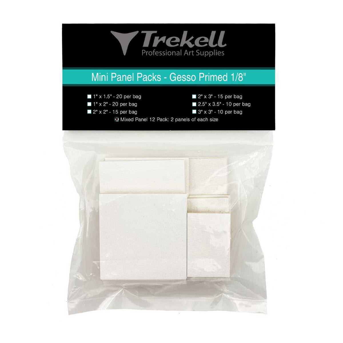 Packaged mini white gesso-primed panels in a clear bag with a black Trekell label.