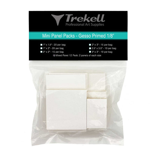 Packaged mini white gesso-primed panels in a clear bag with a black Trekell label.