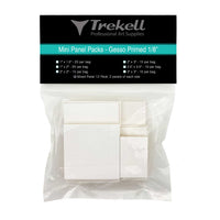 Packaged mini white gesso-primed panels in a clear bag with a black Trekell label.