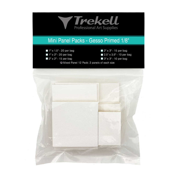 Packaged mini white gesso-primed panels in a clear bag with a black Trekell label.