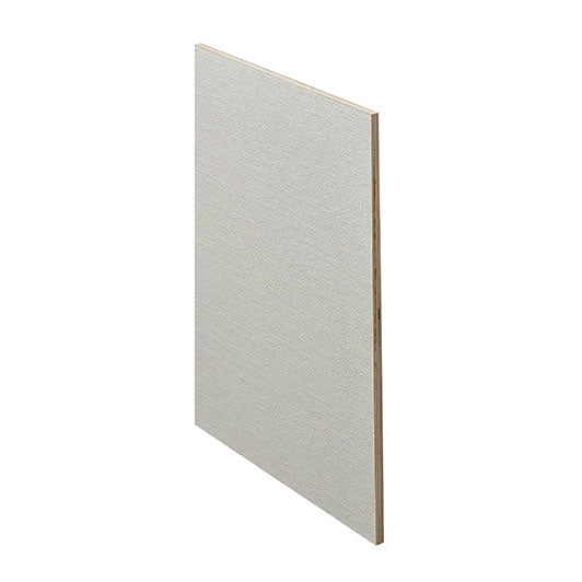 Pale linen-covered rectangular panel, angled front view showing its brown edge.