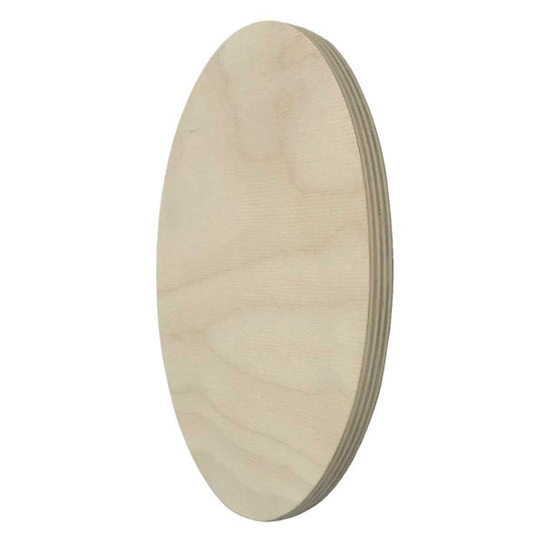 Unpainted oval wooden panel shown at an angle.