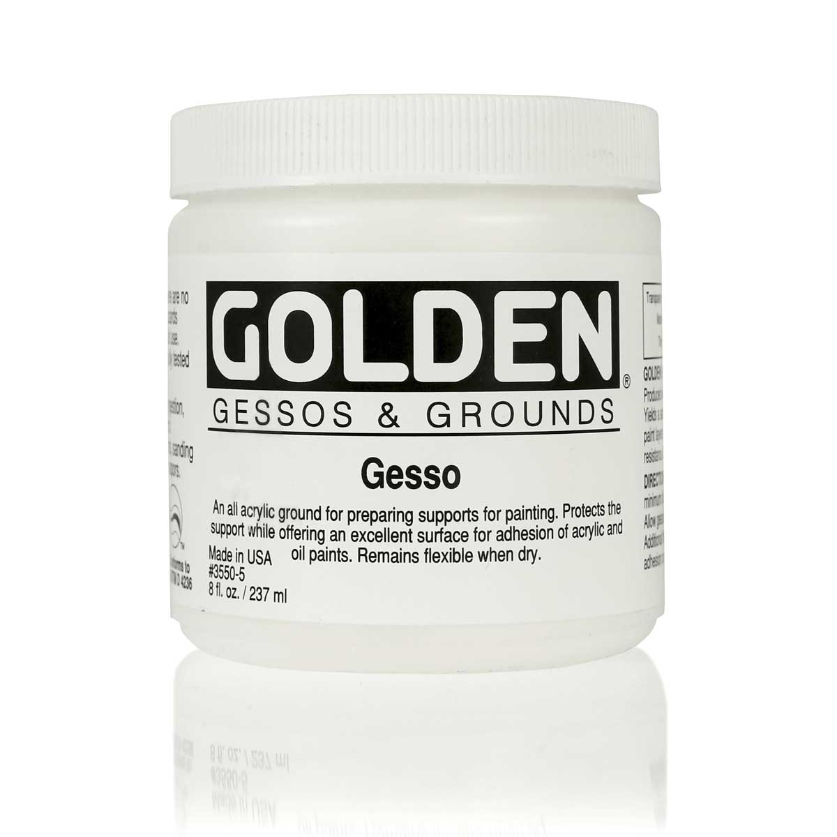 Golden Gesso, white jar with a white lid and black-and-white front label.