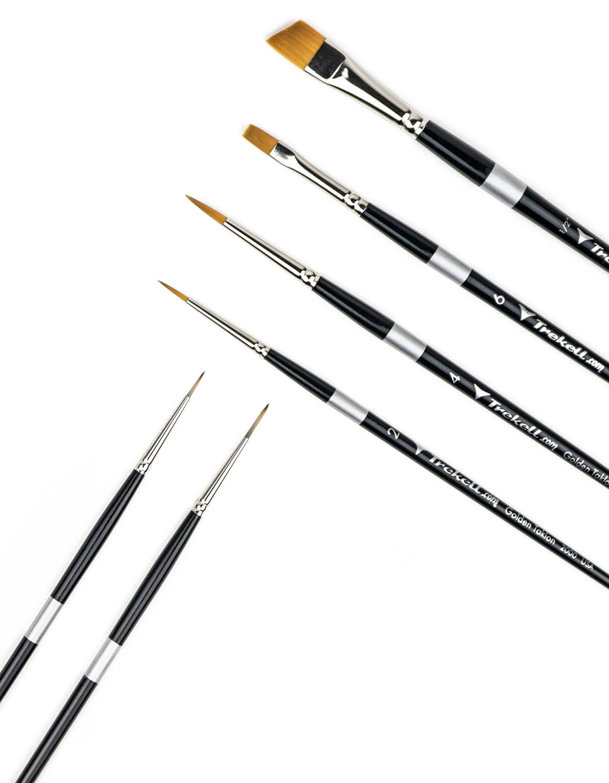 Black-handled brushes fanned diagonally, with pointed and flat golden bristles.