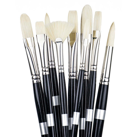 Ten black-handled brushes fanned upright with pale flat, pointed, rounded and fan-shaped bristles.