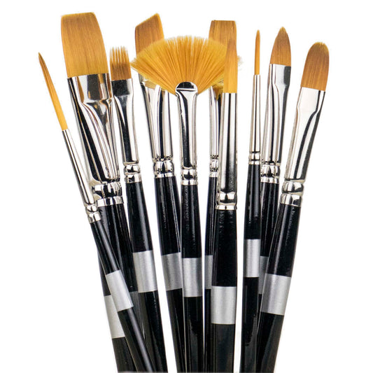 Ten black-handled brushes fanned upright with golden flat, pointed, rounded and fan-shaped bristles.