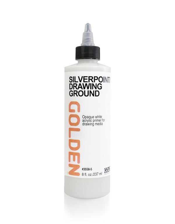 Golden Silverpoint Drawing Ground, white bottle with a black nozzle cap and orange Golden lettering.