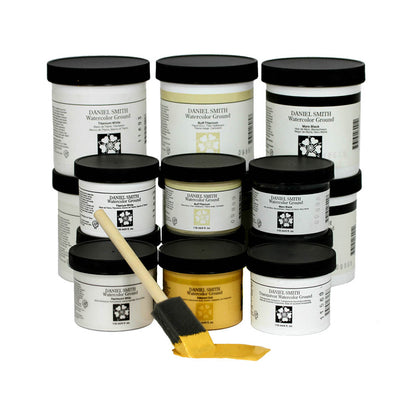 Nine Daniel Smith watercolor ground jars stacked beside a brush and a yellow painted swatch.