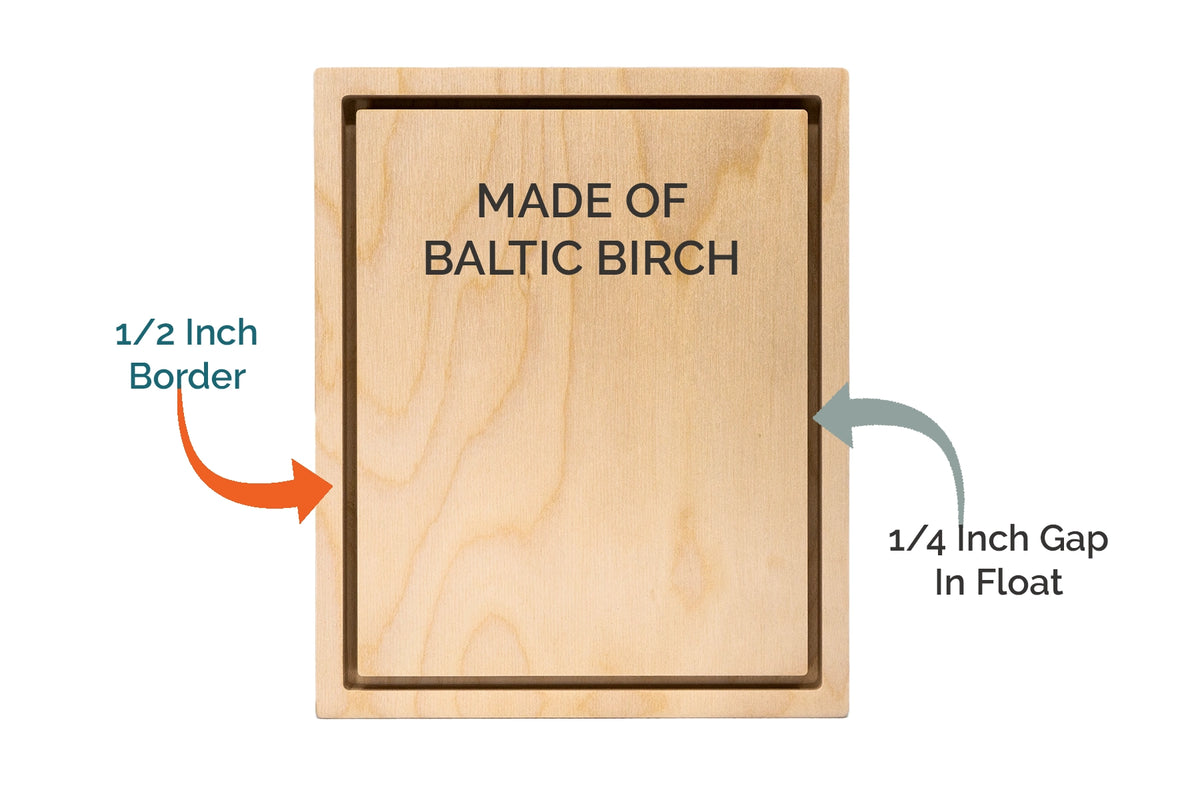Floater panel diagram: Baltic birch, 1/2-inch border and 3/4-inch gap in float.
