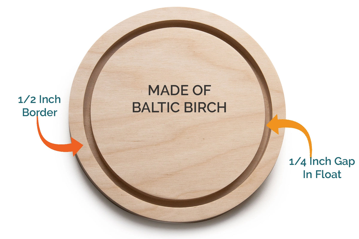 Round floater panel diagram: Baltic birch, 1/2-inch border and 3/4-inch gap in float.