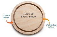 Round floater panel diagram: Baltic birch, 1/2-inch border and 3/4-inch gap in float.
