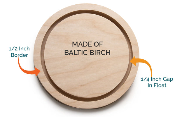 Round floater panel diagram: Baltic birch, 1/2-inch border and 3/4-inch gap in float.