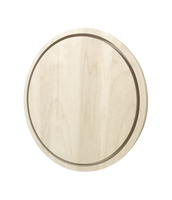 Round wooden floater panel at an angle, showing the inset center and frame thickness.