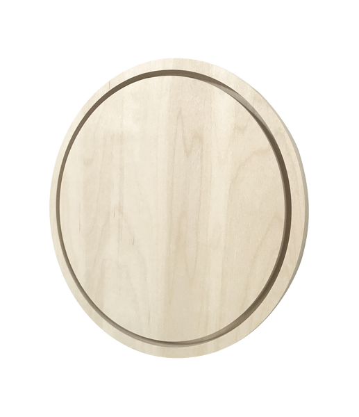 Round wooden floater panel at an angle, showing the inset center and frame thickness.