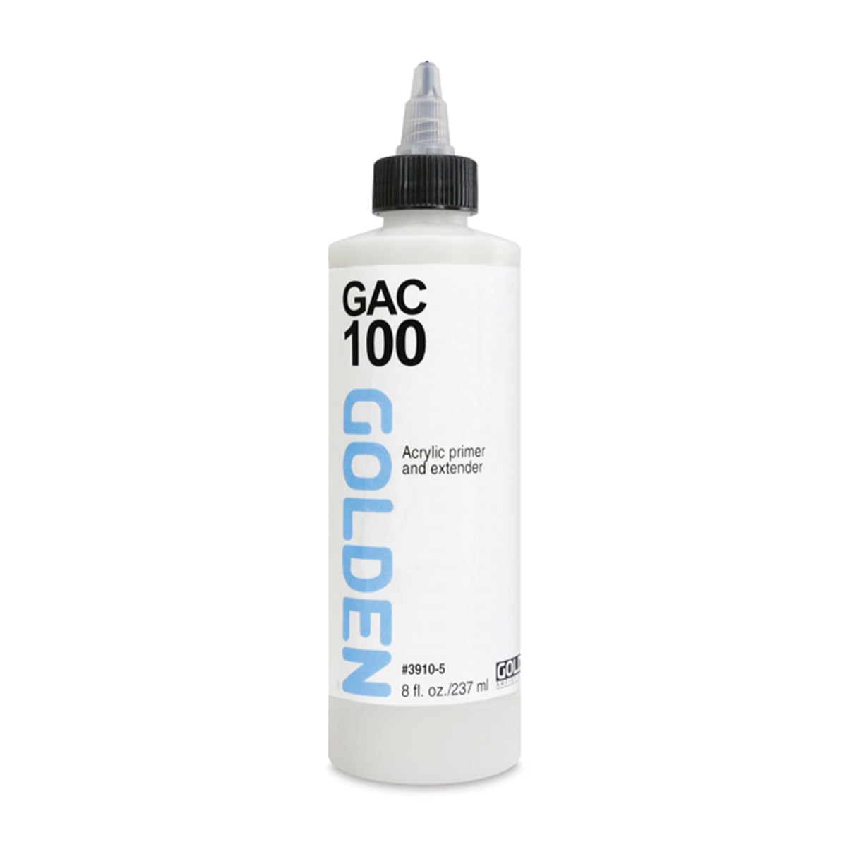 Golden GAC 100 bottle with a black nozzle cap and a white-and-blue label, front view.