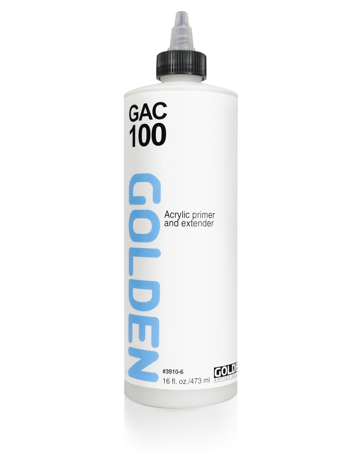 Golden GAC 100 bottle with a black nozzle cap, showing the white label and vertical blue Golden lettering.