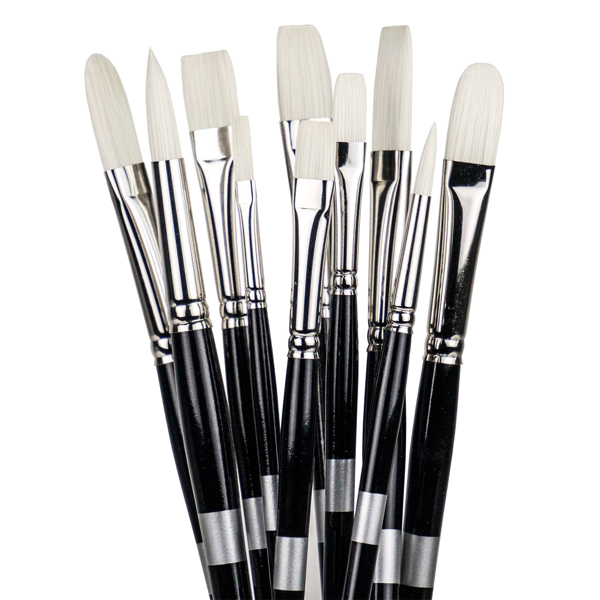 Eight black-handled brushes fanned upright with pale flat, angled and rounded bristles.