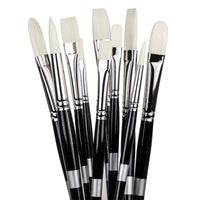Eight black-handled brushes fanned upright with pale flat, angled and rounded bristles.