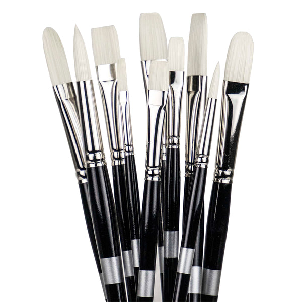 Eight black-handled brushes fanned upright with pale flat, angled and rounded bristles.