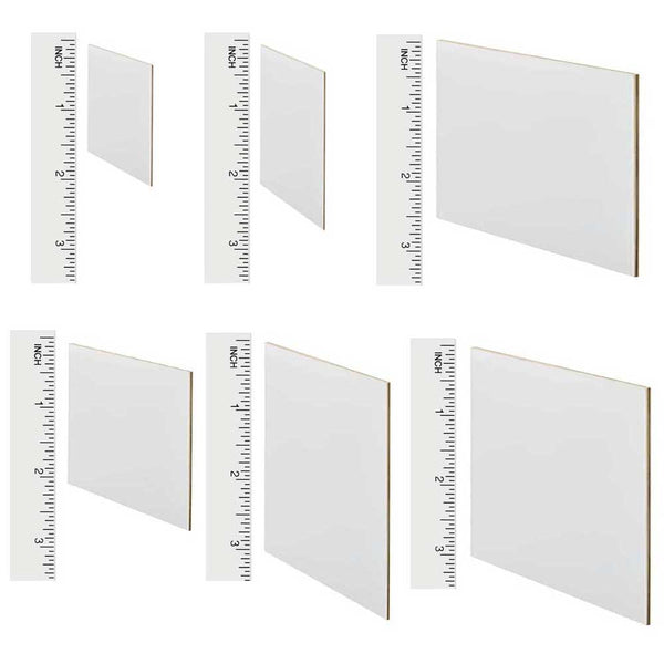 Six white panels in different proportions beside rulers showing their dimensions.