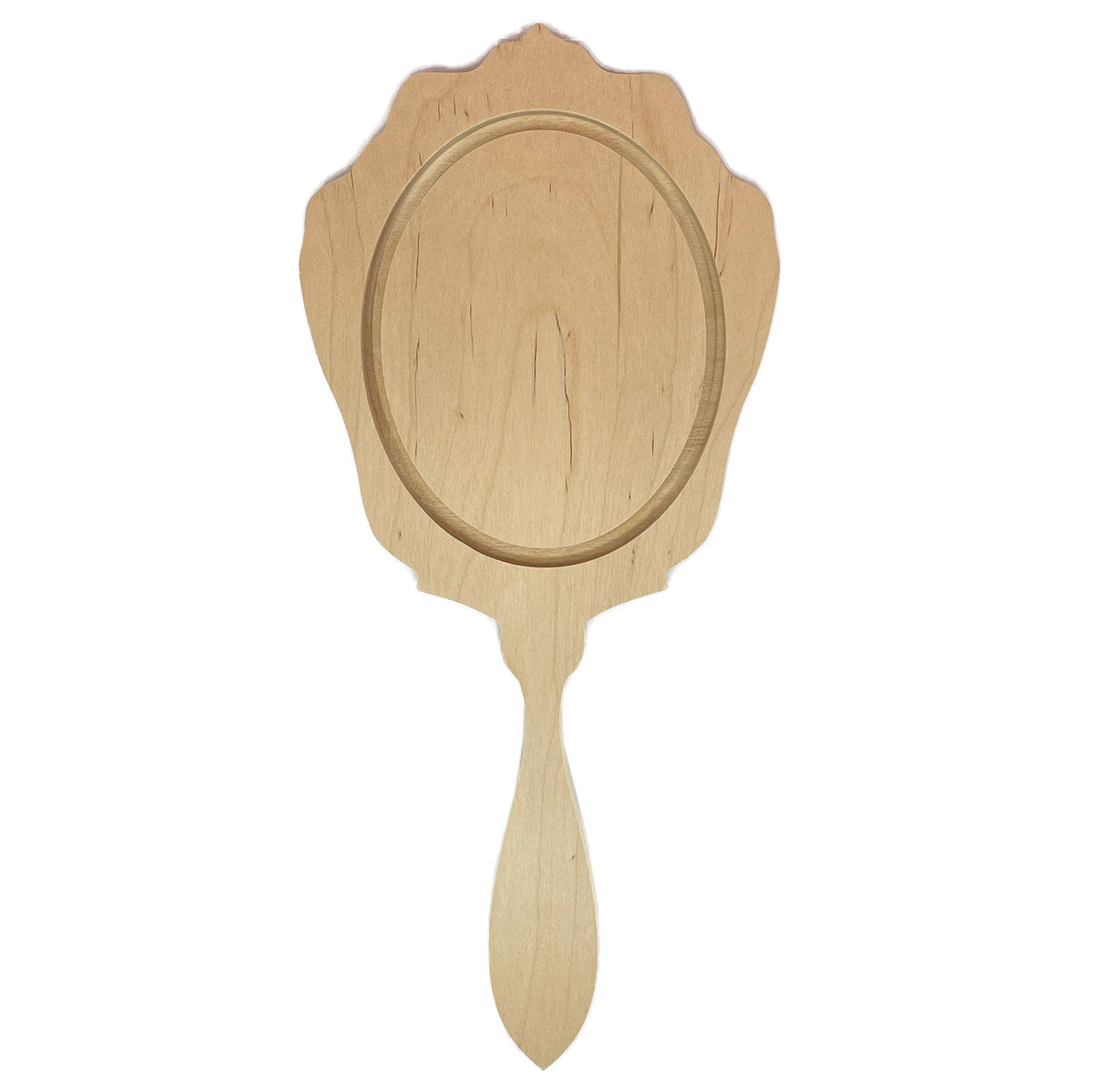 Trekell Mirror Floater Panel, bare wood with a scalloped oval recess and long handle.