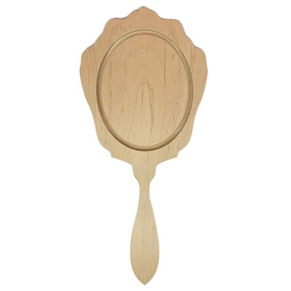 Trekell Mirror Floater Panel, bare wood with a scalloped oval recess and long handle.